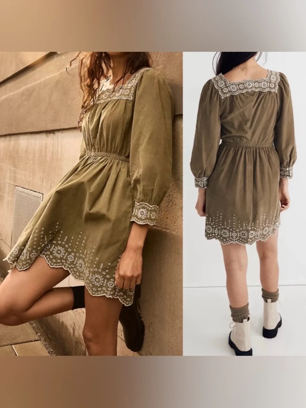 MADEWELL | XS EMBROIDERED CORDUROY SQUARE NECK DRESS DISTANT SURPLUS GREEN